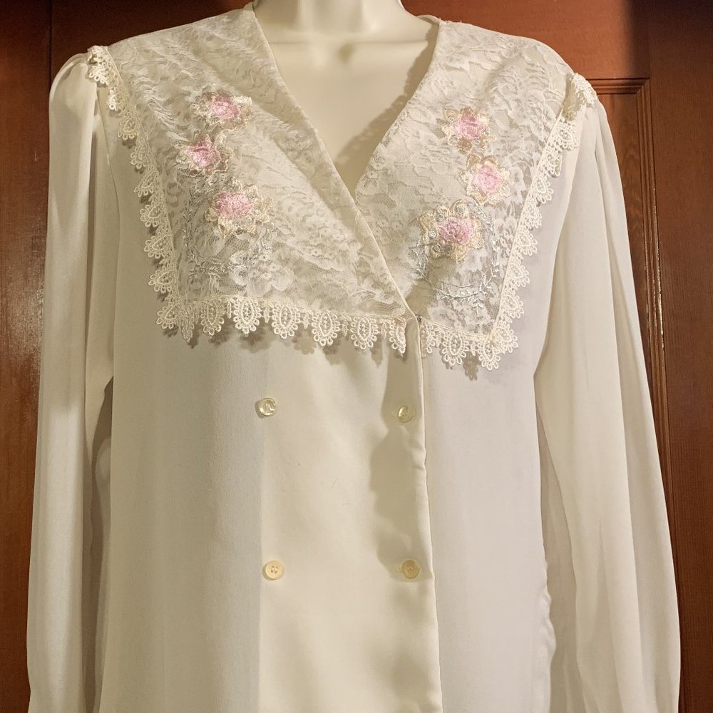 Sheer Cream Blouse With Fancy Lace Bib by Notches